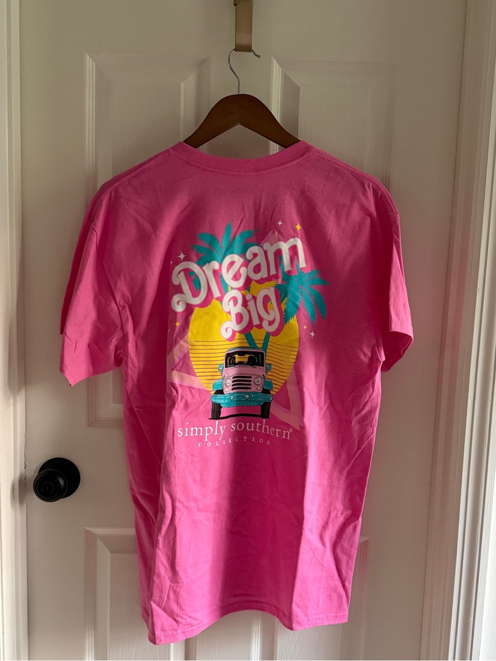Simply Southern Pink 'Dream Big' Graphic Tee with Tropical Print
